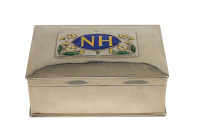 Lot 296 - A STYLISH ARTS AND CRAFTS SILVER AND ENAMEL RECTANGULAR BOX