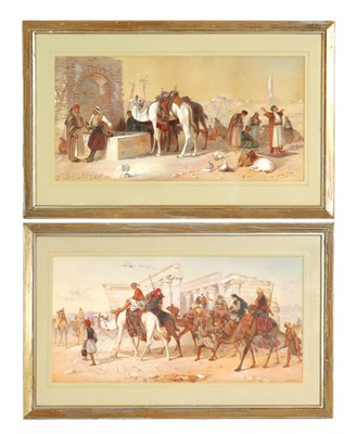 Lot 759 - JOSEPH AUSTIN BENWELL (1816-1886) A FINE LARGE PAIR OF 19TH CENTURY WATERCOLOURS DEPICTING FIGURES AND CAMEL LANDSCAPES