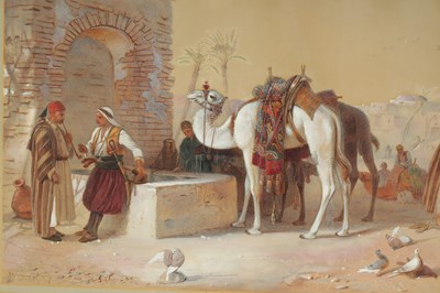 Lot 759 - JOSEPH AUSTIN BENWELL (1816-1886) A FINE LARGE PAIR OF 19TH CENTURY WATERCOLOURS DEPICTING FIGURES AND CAMEL LANDSCAPES