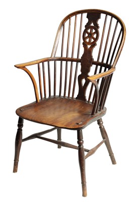 Lot 975 - AN EARLY 19TH CENTURY ASH AND ELM WHEEL-BACK WINDSOR CHAIR