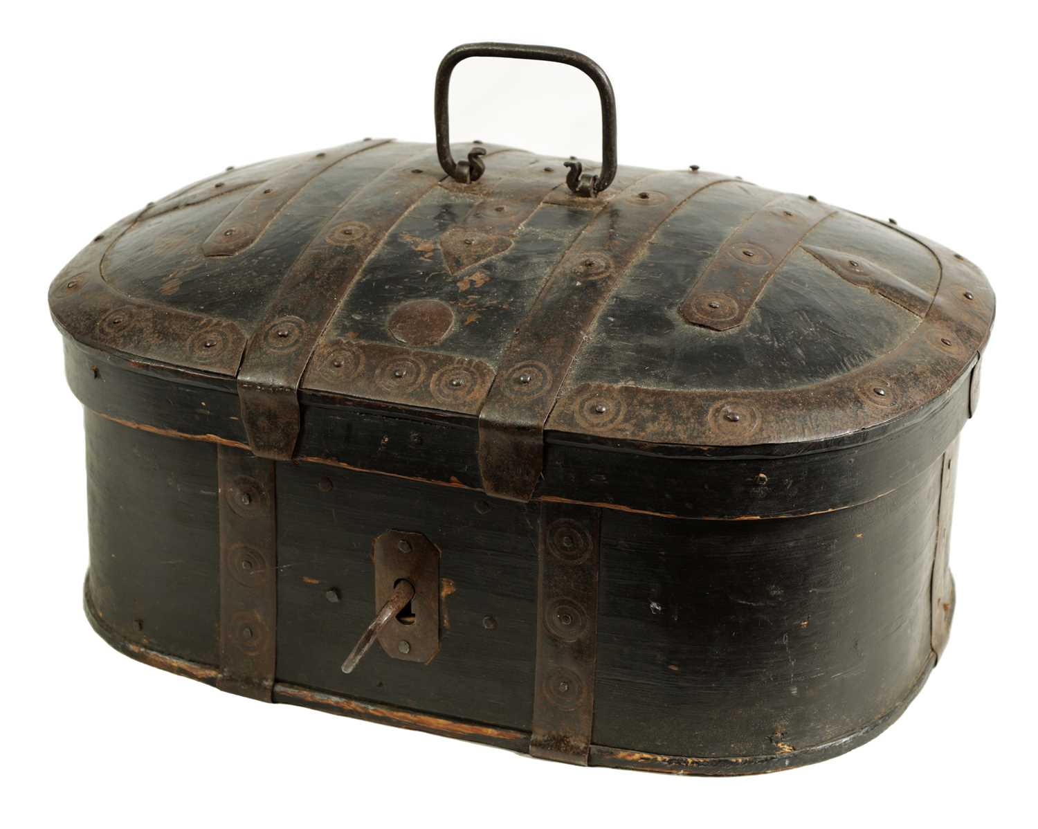 Lot 874 - AN EARLY 18TH CENTURY IRON BOUND SWEDISH MARRIAGE/TRAVELING BOX