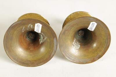 Lot 542 - A RARE PAIR OF 17TH/18TH CENTURY ENGLISH BRASS TRUMPET CANDLE STICKS