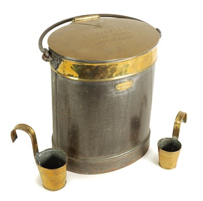 Lot 546 - A 19TH CENTURY BRASS AND IRONWORK OVAL PORTABLE MILK CHURN WITH FOLDING HANDLE