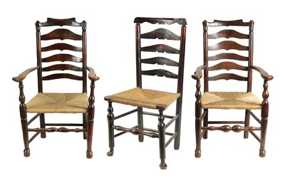 Lot 1053 - A GOOD PAIR OF 18TH CENTURY ELM 'MACCLESFIELD' LADDER BACK ARMCHAIRS TOGETHER WITH A MATCHING SINGLE