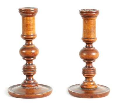 Lot 906 - A PAIR OF 19TH-CENTURY SMALL FRUIT WOOD TREEN CANDLESTICKS