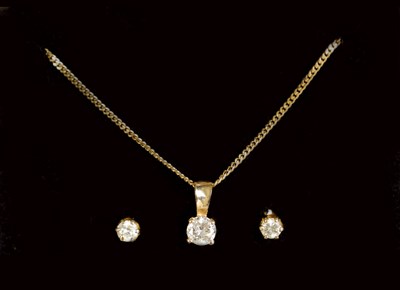 Lot 182 - A 9ct. 375 HALLMARKED YELLOW GOLD FINE CHAIN NECKLACE WITH SQUARE DIAMOND PENDANT AND MATCHING PAIR OF EARRINGS