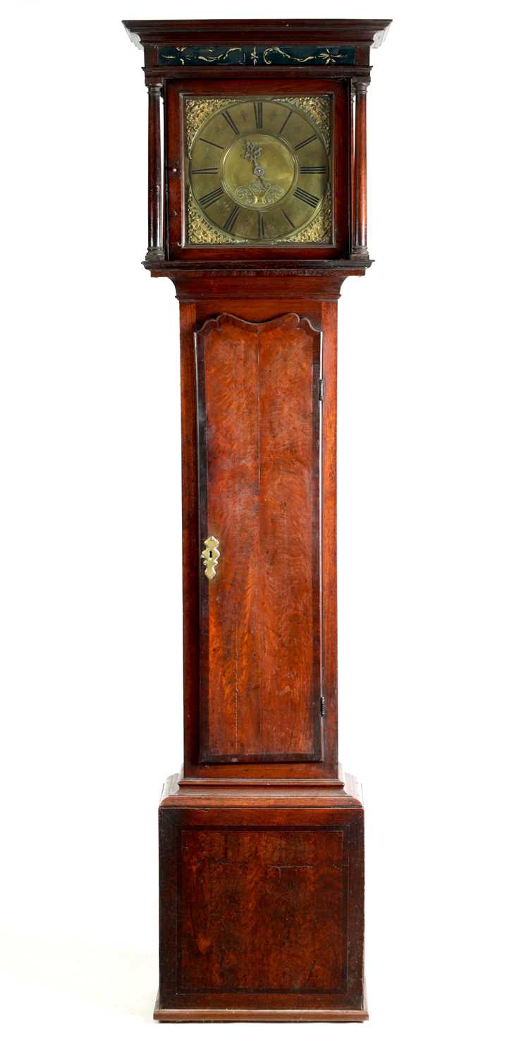 Lot 795 - JONAS BARBER, WINSTER. AN 18TH CENTURY FIGURED WALNUT 30-HOUR LONGCASE CLOCK