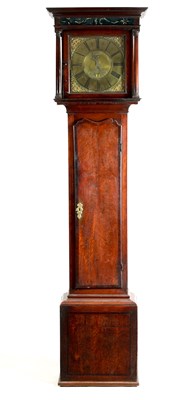 Lot 795 - JONAS BARBER, WINSTER. AN 18TH CENTURY FIGURED WALNUT 30-HOUR LONGCASE CLOCK