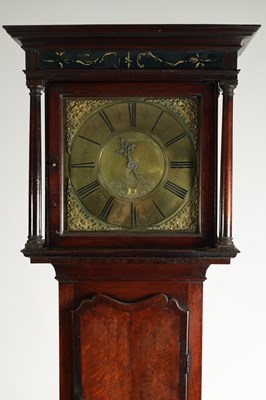 Lot 795 - JONAS BARBER, WINSTER. AN 18TH CENTURY FIGURED WALNUT 30-HOUR LONGCASE CLOCK