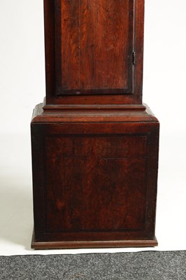 Lot 795 - JONAS BARBER, WINSTER. AN 18TH CENTURY FIGURED WALNUT 30-HOUR LONGCASE CLOCK