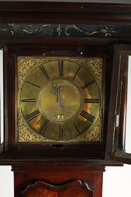 Lot 795 - JONAS BARBER, WINSTER. AN 18TH CENTURY FIGURED WALNUT 30-HOUR LONGCASE CLOCK