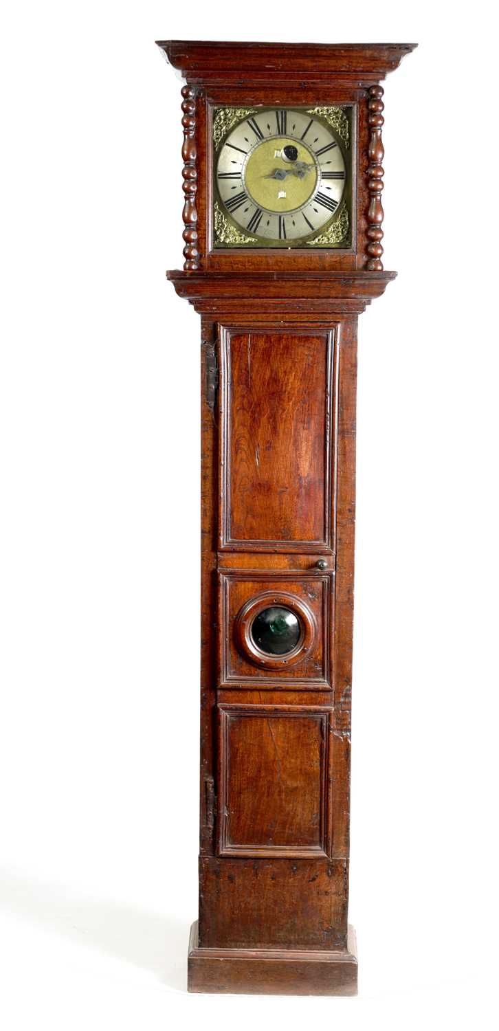 Lot 823 - JOHN OGDEN, DARLINGTON. A RARE LATE 17TH CENTURY OAK “COFFIN" CASE 30-HOUR PENNY MOON LONGCASE CLOCK