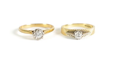 Lot 180 - TWO 18CT YELLOW GOLD SMALL SOLITAIRE DIAMOND RINGS