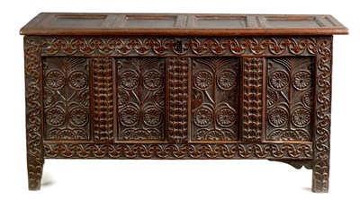 Lot 965 - A 17TH CENTURY PANELLED JOINED OAK COFFER