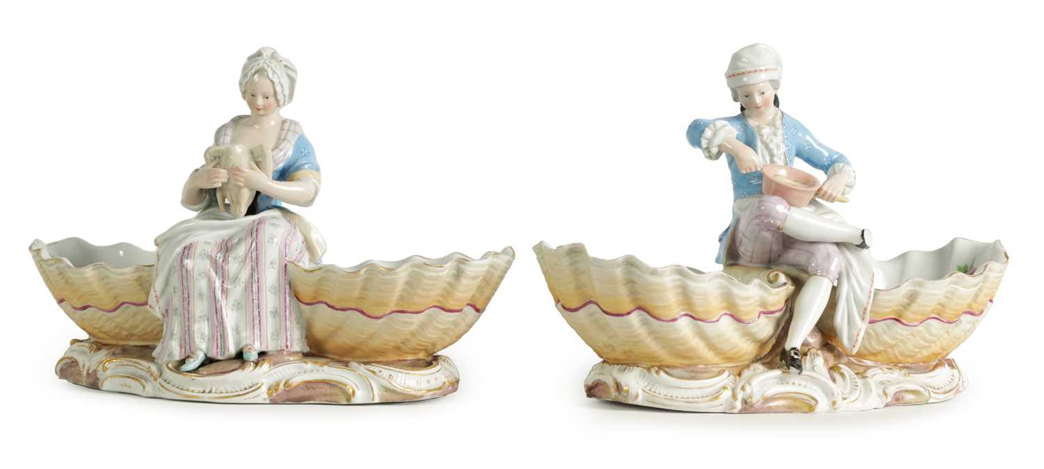 Lot 100 - A PAIR OF MID/LATE 19TH CENTURY MEISSEN FIGURAL DOUBLE SHELL TABLE BASKETS