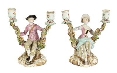 Lot 68 - A PAIR OF MID/LATE 19TH CENTURY MEISSEN FIGURAL TWO-BRANCH CANDELABRA
