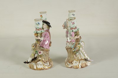Lot 50 - A PAIR OF MID/LATE 19TH CENTURY MEISSEN FIGURAL TWO-BRANCH CANDELABRA