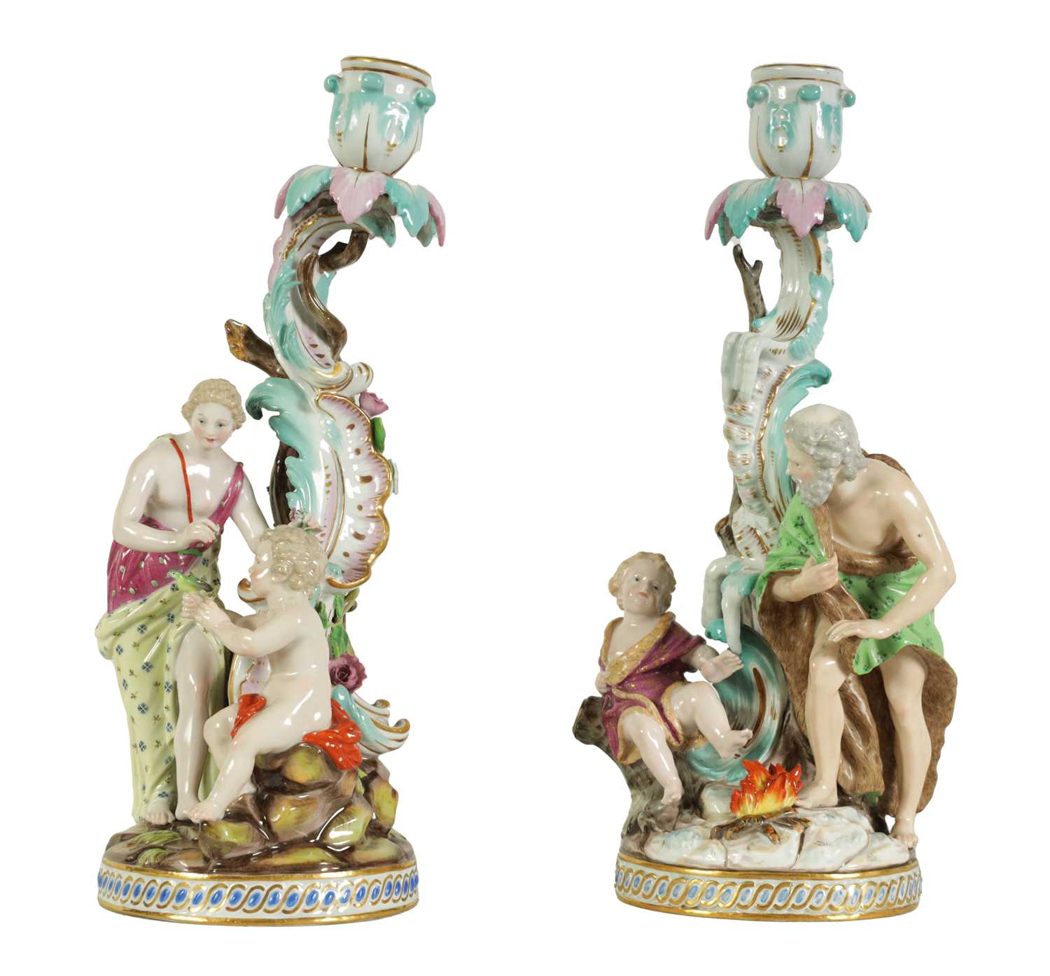 Lot 66 - A MATCHED PAIR OF MID/LATE 19TH CENTURY MEISSEN STYLE FIGURAL CANDELABRA