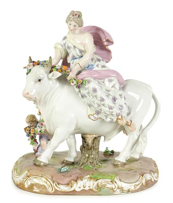 Lot 117 - A 19TH CENTURY MEISSEN LARGE FIGURE GROUP OF A BULL WITH A SEATED LADY RIDER