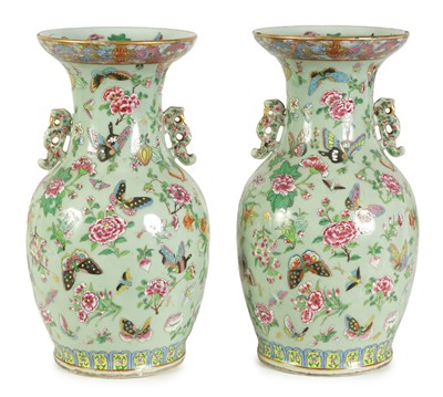 Lot 179 - A GOOD PAIR OF 19TH CENTURY CHINESE TWO-HANDLED TAPERED VASES