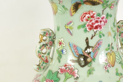 Lot 179 - A GOOD PAIR OF 19TH CENTURY CHINESE TWO-HANDLED TAPERED VASES