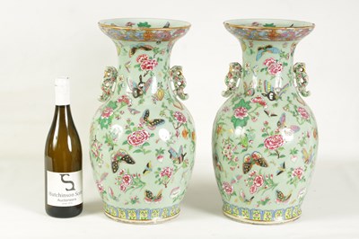 Lot 179 - A GOOD PAIR OF 19TH CENTURY CHINESE TWO-HANDLED TAPERED VASES