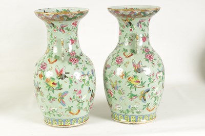 Lot 179 - A GOOD PAIR OF 19TH CENTURY CHINESE TWO-HANDLED TAPERED VASES