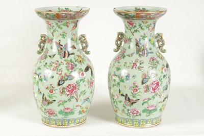 Lot 179 - A GOOD PAIR OF 19TH CENTURY CHINESE TWO-HANDLED TAPERED VASES
