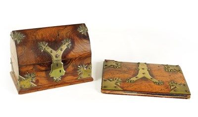 Lot 914 - A 19TH-CENTURY BRASS BOUND FIGURED WALNUT TWO-PIECE DESK SET