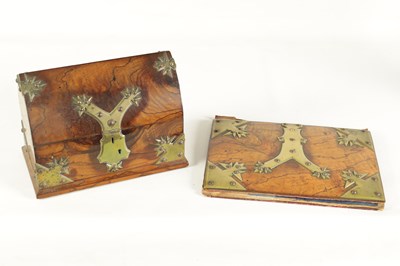 Lot 914 - A 19TH-CENTURY BRASS BOUND FIGURED WALNUT TWO-PIECE DESK SET