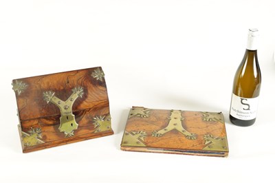 Lot 914 - A 19TH-CENTURY BRASS BOUND FIGURED WALNUT TWO-PIECE DESK SET