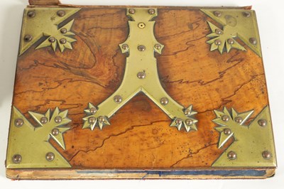 Lot 914 - A 19TH-CENTURY BRASS BOUND FIGURED WALNUT TWO-PIECE DESK SET