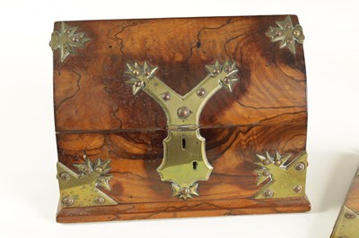 Lot 914 - A 19TH-CENTURY BRASS BOUND FIGURED WALNUT TWO-PIECE DESK SET