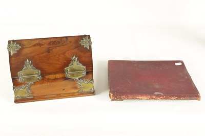 Lot 914 - A 19TH-CENTURY BRASS BOUND FIGURED WALNUT TWO-PIECE DESK SET