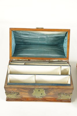 Lot 914 - A 19TH-CENTURY BRASS BOUND FIGURED WALNUT TWO-PIECE DESK SET