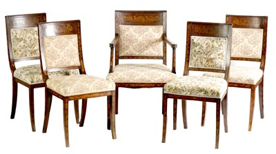 Lot 1015 - A SET OF FIVE GEORGE III DUTCH MARQUETRY INLAID MAHOGANY DINING CHAIRS