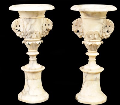 Lot 489 - A PAIR OF 19TH CENTURY FRENCH ALABASTER MANTEL URNS