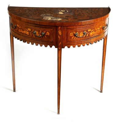 Lot 1060 - AN 18TH CENTURY BOW-FRONT DUTCH FLORAL MARQUETRY AND WALNUT SIDE TABLE