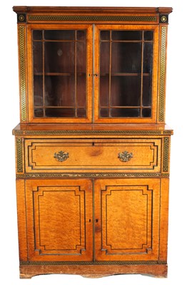 Lot 953 - AN UNUSUAL REGENCY FIGURED SATINWOOD, EBONY AND BRASS INLAID SECRETAIRE BOOKCASE