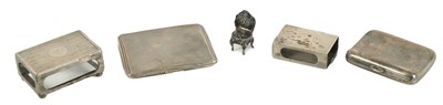 Lot 256 - TWO HALLMARKED SILVER CIGARETTE CASES, TWO SILVER MATCHBOX HOLDERS AND A MINIATURE SILVER CHAIR