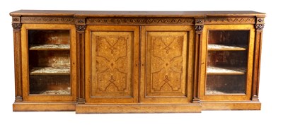 Lot 992 - HOLLAND & SONS. AN IMPRESSIVE 19TH CENTURY INLAID POLLARD OAK BREAKFRONT LIBRARY BOOKCASE