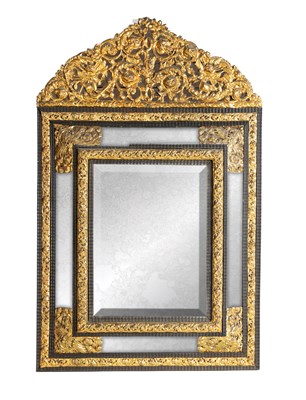 Lot 940 - AN IMPRESSIVE 19TH CENTURY DUTCH EBONISED AND BRASS MOUNTED CUSHION FRAMED HANGING MIRROR