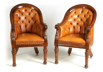 Lot 960 - A PAIR OF REGENCY FIGURED ROSEWOOD AND TAN LEATHER BUTTON UPHOLSTERED LIBRARY CHAIRS