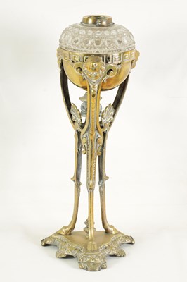 Lot 595 - AN ORNATE 19TH-CENTURY CAST BRASS AND HOBNAIL CUT GLASS OIL LAMP