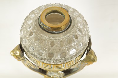 Lot 595 - AN ORNATE 19TH-CENTURY CAST BRASS AND HOBNAIL CUT GLASS OIL LAMP