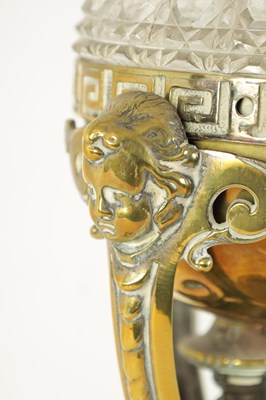 Lot 595 - AN ORNATE 19TH-CENTURY CAST BRASS AND HOBNAIL CUT GLASS OIL LAMP