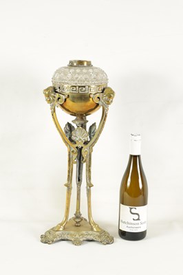 Lot 595 - AN ORNATE 19TH-CENTURY CAST BRASS AND HOBNAIL CUT GLASS OIL LAMP