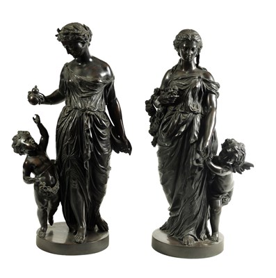 Lot 581 - A LARGE PAIR OF 19TH CENTURY BRONZE FIGURES DEPICTING SUMMER AND AUTUMN