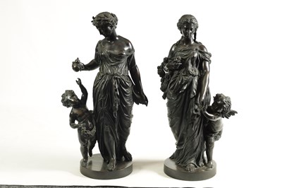 Lot 581 - A LARGE PAIR OF 19TH CENTURY BRONZE FIGURES DEPICTING SUMMER AND AUTUMN