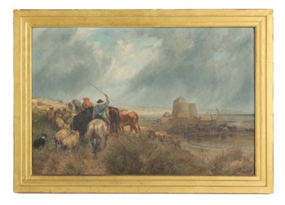 Lot 751 - RICHARD BEAVIS (1824 - 1896) A LATE 19TH CENTURY OIL ON CANVAS “ROUNDING THE CATTLE”